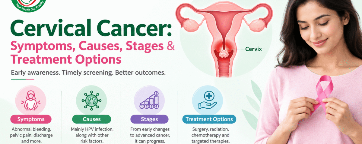 Illustration showing cervical cancer symptoms, causes, and treatment options