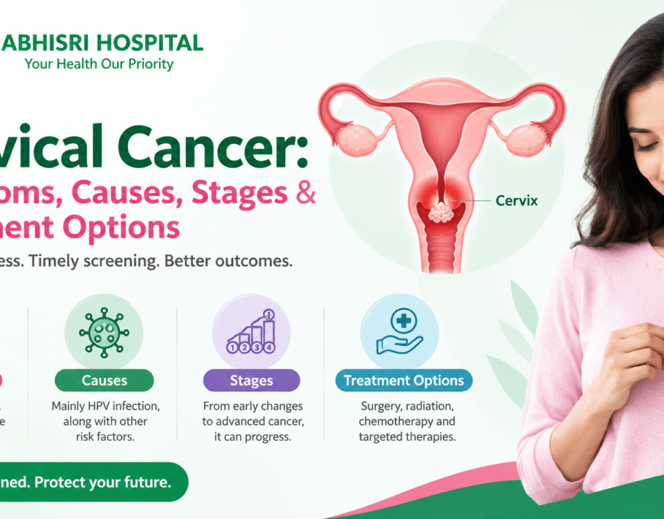 Illustration showing cervical cancer symptoms, causes, and treatment options