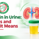 "Medical illustration showing protein in urine, kidney function, causes, symptoms, and diagnosis of proteinuria."