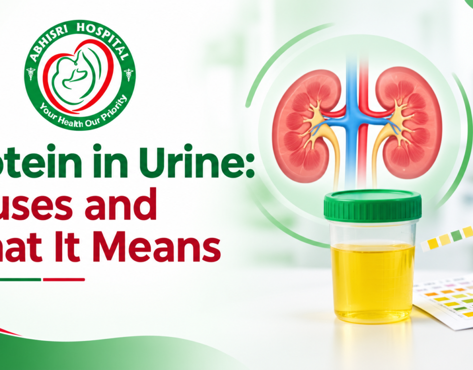 "Medical illustration showing protein in urine, kidney function, causes, symptoms, and diagnosis of proteinuria."